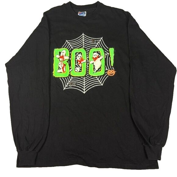 Vintage 90s Halloween Black BOO Ghost Shirt L Glow Spider Web Long Sleeve Hanes - Picture 1 of 10